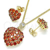Oro Laminado Earring and Pendant Adult Set, Gold Filled Style Heart Design, with Garnet Cubic Zirconia, Polished, Golden Finish, 10.346.0001.1
