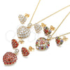 Oro Laminado Earring and Pendant Adult Set, Gold Filled Style Heart Design, with Garnet Cubic Zirconia, Polished, Golden Finish, 10.346.0001.1