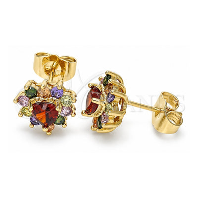 Oro Laminado Stud Earring, Gold Filled Style Heart Design, with Multicolor Cubic Zirconia, Polished, Golden Finish, 02.346.0004.1