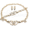 Oro Laminado Necklace, Bracelet and Earring, Gold Filled Style Hugs and Kisses and Butterfly Design, with White Crystal, Polished, Golden Finish, 06.372.0020