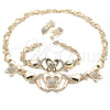 Oro Laminado Necklace, Bracelet and Earring, Gold Filled Style Hugs and Kisses and Butterfly Design, with White Crystal, Polished, Golden Finish, 06.372.0020