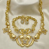 Oro Laminado Necklace, Bracelet and Earring, Gold Filled Style Hugs and Kisses and Butterfly Design, with White Crystal, Polished, Golden Finish, 06.372.0020