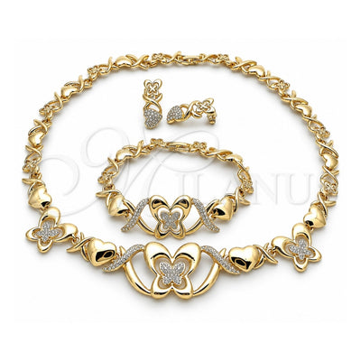 Oro Laminado Necklace, Bracelet and Earring, Gold Filled Style Hugs and Kisses and Butterfly Design, with White Crystal, Polished, Golden Finish, 06.372.0020