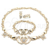Oro Laminado Necklace, Bracelet and Earring, Gold Filled Style Hugs and Kisses and Butterfly Design, with White Crystal, Polished, Golden Finish, 06.372.0020