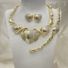 Oro Laminado Necklace, Bracelet and Earring, Gold Filled Style Hugs and Kisses and Heart Design, with White Crystal, Polished, Golden Finish, 06.372.0021
