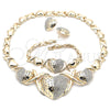 Oro Laminado Necklace, Bracelet and Earring, Gold Filled Style Hugs and Kisses and Heart Design, with White Crystal, Polished, Golden Finish, 06.372.0021