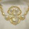 Oro Laminado Necklace, Bracelet and Earring, Gold Filled Style Hugs and Kisses and Heart Design, with White Crystal, Polished, Golden Finish, 06.372.0021