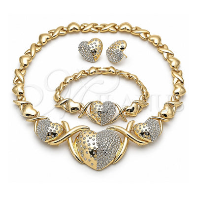 Oro Laminado Necklace, Bracelet and Earring, Gold Filled Style Hugs and Kisses and Heart Design, with White Crystal, Polished, Golden Finish, 06.372.0021