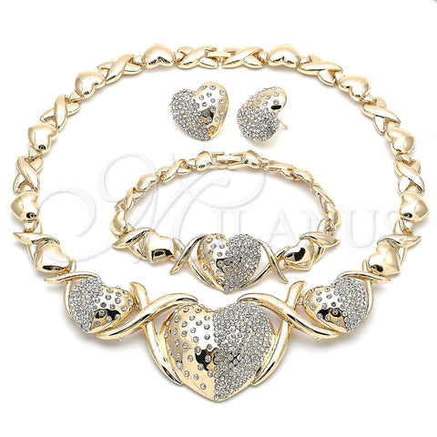 Oro Laminado Necklace, Bracelet and Earring, Gold Filled Style Hugs and Kisses and Heart Design, with White Crystal, Polished, Golden Finish, 06.372.0021