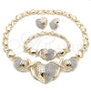 Oro Laminado Necklace, Bracelet and Earring, Gold Filled Style Hugs and Kisses and Heart Design, with White Crystal, Polished, Golden Finish, 06.372.0021