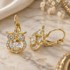 Oro Laminado Leverback Earring, Gold Filled Style Owl Design, with White Cubic Zirconia, Polished, Golden Finish, 02.210.0434
