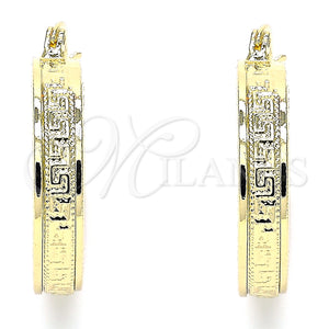 Gold Filled Hoop Earrings — Small Hoop Greek Key Design Polished 02. — main product view — SKU 135377 | Oro Laminado aretes de aro — Small Hoop Greek Key diseño pulido 02. — SKU 135377