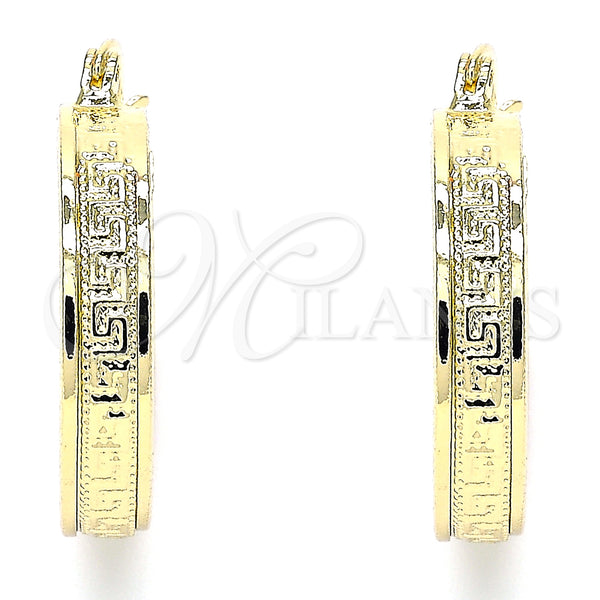 Gold Filled Hoop Earrings — Small Hoop Greek Key Design Polished 02. — main product view — SKU 135377 | Oro Laminado aretes de aro — Small Hoop Greek Key diseño pulido 02. — SKU 135377