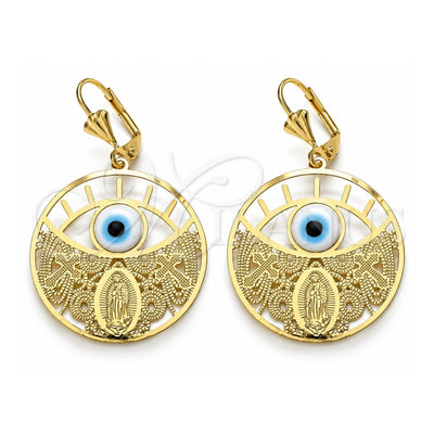 Oro Laminado Dangle Earring, Gold Filled Style Guadalupe and Cross Design, Polished, Golden Finish, 02.351.0101