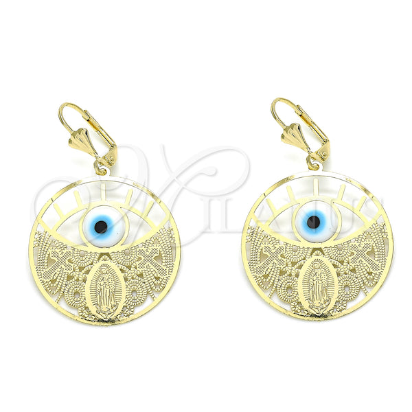 Oro Laminado Dangle Earring, Gold Filled Style Guadalupe and Cross Design, Polished, Golden Finish, 02.351.0101