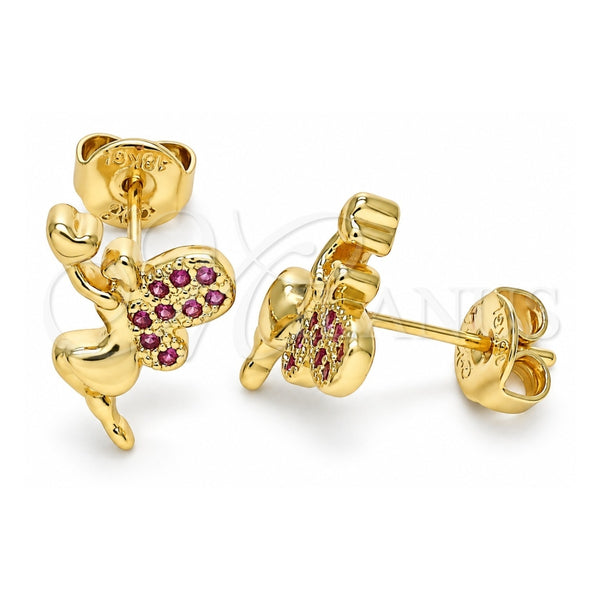 Oro Laminado Stud Earring, Gold Filled Style Angel and Heart Design, with Ruby Micro Pave, Polished, Golden Finish, 02.156.0462.1