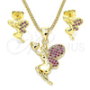 Oro Laminado Earring and Pendant Adult Set, Gold Filled Style Angel and Heart Design, with Ruby Micro Pave, Polished, Golden Finish, 10.156.0264.1