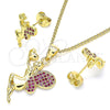 Oro Laminado Earring and Pendant Adult Set, Gold Filled Style Angel and Heart Design, with Ruby Micro Pave, Polished, Golden Finish, 10.156.0264.1