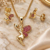 Oro Laminado Earring and Pendant Adult Set, Gold Filled Style Angel and Heart Design, with Ruby Micro Pave, Polished, Golden Finish, 10.156.0264.1