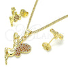 Oro Laminado Earring and Pendant Adult Set, Gold Filled Style Angel and Heart Design, with Garnet Micro Pave, Polished, Golden Finish, 10.156.0264.2