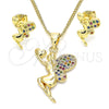 Oro Laminado Earring and Pendant Adult Set, Gold Filled Style Angel and Heart Design, with Multicolor Micro for wholesale, additional product view 4