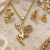 Oro Laminado Earring and Pendant Adult Set, Gold Filled Style Angel and Heart Design, with Multicolor Micro Pave, Polished, Golden Finish, 10.156.0264.3