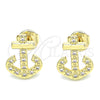 Oro Laminado Stud Earring, Gold Filled Style Anchor Design, with White Micro Pave, Polished, Golden Finish, 02.156.0463