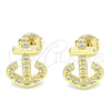 Oro Laminado Stud Earring, Gold Filled Style Anchor Design, with White Micro Pave, Polished, Golden Finish, 02.156.0463