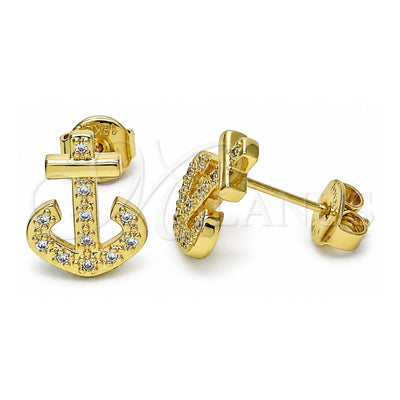 Oro Laminado Stud Earring, Gold Filled Style Anchor Design, with White Micro Pave, Polished, Golden Finish, 02.156.0463