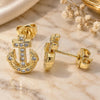 Oro Laminado Stud Earring, Gold Filled Style Anchor Design, with White Micro Pave, Polished, Golden Finish, 02.156.0464