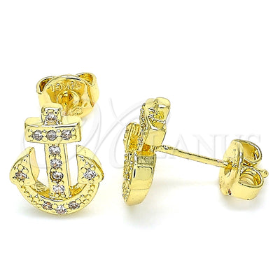 Oro Laminado Stud Earring, Gold Filled Style Anchor Design, with White Micro Pave, Polished, Golden Finish for wholesale, main product view
