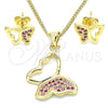Oro Laminado Earring and Pendant Adult Set, Gold Filled Style Butterfly Design, with Ruby Micro Pave, Polished, Golden Finish, 10.156.0266.1
