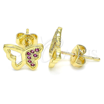Oro Laminado Stud Earring, Gold Filled Style Butterfly Design, with Ruby Micro Pave, Polished, Golden Finish for wholesale, main product view