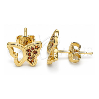 Oro Laminado Stud Earring, Gold Filled Style Butterfly Design, with Garnet Micro Pave, Polished, Golden Finish, 02.156.0466.2