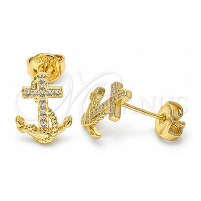 Oro Laminado Stud Earring, Gold Filled Style Anchor Design, with White Micro Pave, Polished, Golden Finish, 02.156.0467