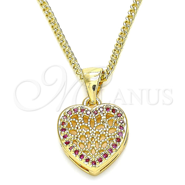 Oro Laminado Pendant Necklace, Gold Filled Style Heart Design, with Ruby Micro Pave, Polished, Golden Finish, 04.156.0327.1.20 (02 MM Thickness, 20 Inches Length)