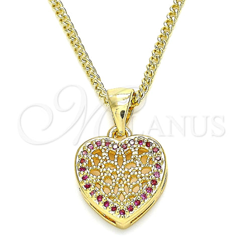 Oro Laminado Pendant Necklace, Gold Filled Style Heart Design, with Ruby Micro Pave, Polished, Golden Finish, 04.156.0327.1.20 (02 MM Thickness, 20 Inches Length)