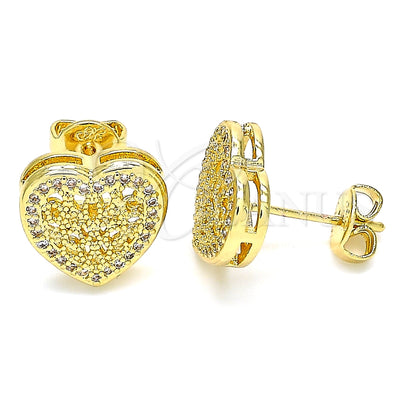 Oro Laminado Stud Earring, Gold Filled Style Heart Design, with White Micro Pave, Polished, Golden Finish for wholesale, main product view