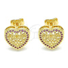 Oro Laminado Stud Earring, Gold Filled Style Heart Design, with Ruby Micro Pave, Polished, Golden Finish, 02.156.0468.1