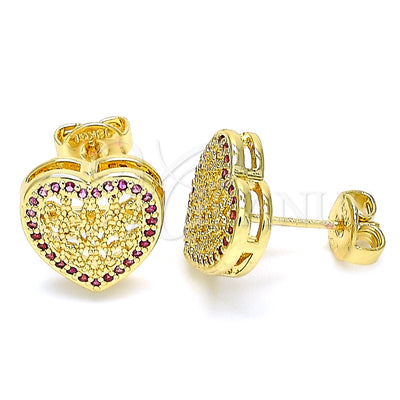 Oro Laminado Stud Earring, Gold Filled Style Heart Design, with Ruby Micro Pave, Polished, Golden Finish for wholesale, main product view