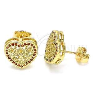 Oro Laminado Stud Earring, Gold Filled Style Heart Design, with Garnet Micro Pave, Polished, Golden Finish, 02.156.0468.2