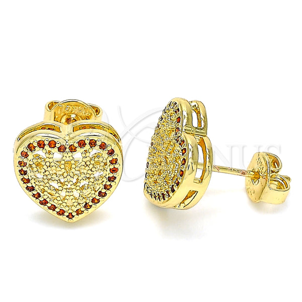 Oro Laminado Stud Earring, Gold Filled Style Heart Design, with Garnet Micro Pave, Polished, Golden Finish, 02.156.0468.2