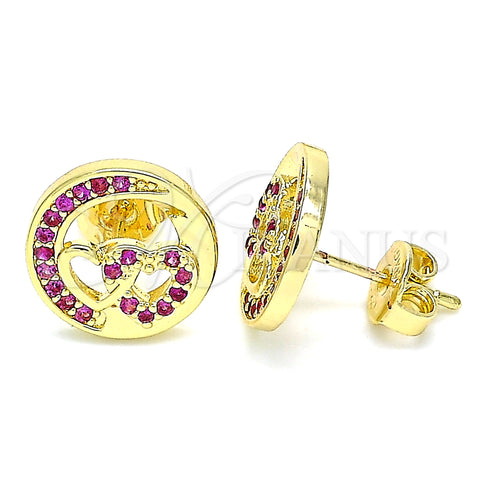 Oro Laminado Stud Earring, Gold Filled Style Heart Design, with Ruby Micro Pave, Polished, Golden Finish, 02.156.0397.1