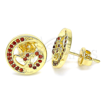 Oro Laminado Stud Earring, Gold Filled Style Heart Design, with Garnet Micro Pave, Polished, Golden Finish for wholesale, main product view