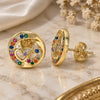 Oro Laminado Stud Earring, Gold Filled Style Heart Design, with Multicolor Micro Pave, Polished, Golden Finish, 02.156.0397.3