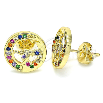 Oro Laminado Stud Earring, Gold Filled Style Heart Design, with Multicolor Micro Pave, Polished, Golden Finish for wholesale, main product view