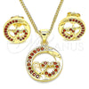 Oro Laminado Earring and Pendant Adult Set, Gold Filled Style Heart Design, with Garnet Micro Pave, Polished, Golden Finish, 10.156.0269.2