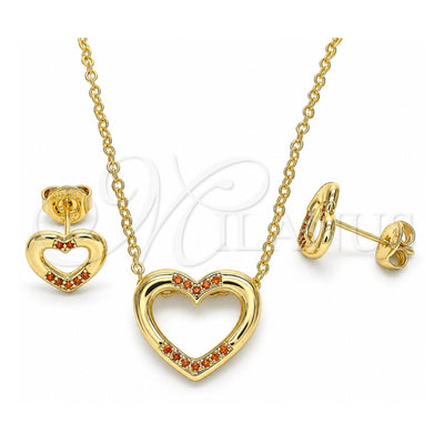 Oro Laminado Earring and Pendant Adult Set, Gold Filled Style Heart Design, with Garnet Micro Pave, Polished, Golden Finish, 10.156.0146.2