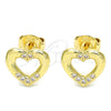 Oro Laminado Stud Earring, Gold Filled Style Heart Design, with White Micro Pave, Polished, Golden Finish, 02.156.0469