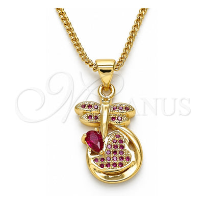 Oro Laminado Pendant Necklace, Gold Filled Style Dragon-Fly and Heart Design, with Ruby Micro Pave, Polished, Golden Finish, 04.156.0330.1.20 (02 MM Thickness, 20 Inches Length)